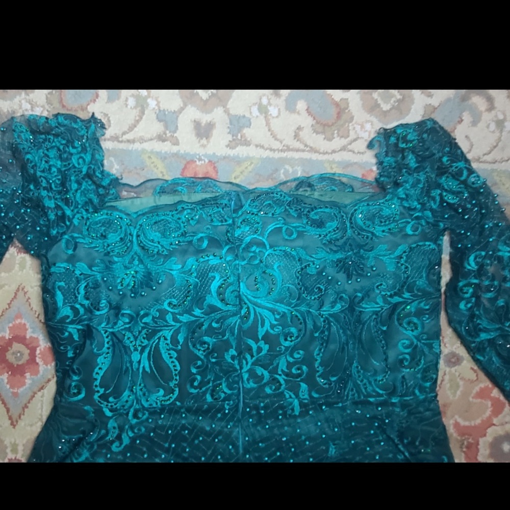 Long sleeve off shoulder green beaded lace luxury women dress size L
